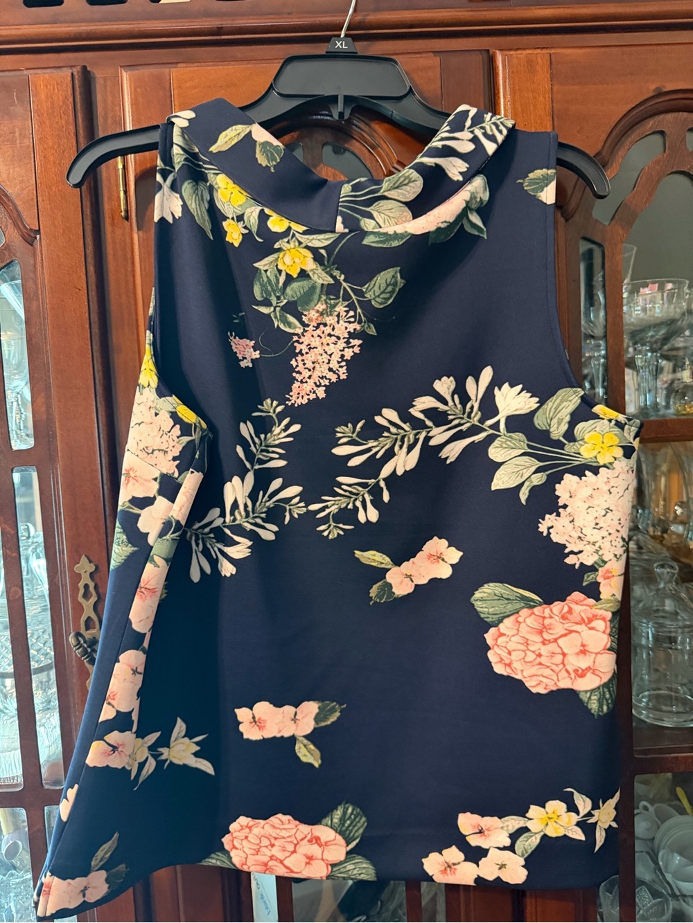 New York & Company Floral Sleeveless Cowl Neck Top - Navy with Pink Blooms - Picture 3 of 3